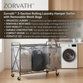 Zorvath™ 3-Section Rolling Laundry Hamper Sorter with Removable Mesh Bags