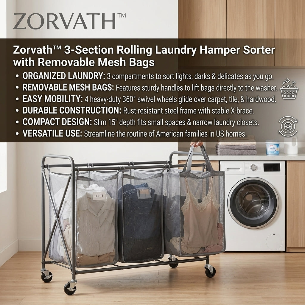 Zorvath™ 3-Section Rolling Laundry Hamper Sorter with Removable Mesh Bags