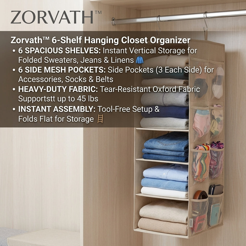 Zorvath™ 6-Shelf Hanging Closet Organizer with Side Mesh Pockets