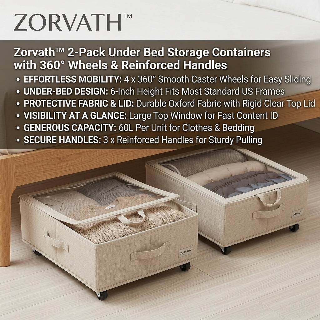 Zorvath™ 2-Pack Under Bed Storage Containers with 360° Wheels & Reinforced Handles