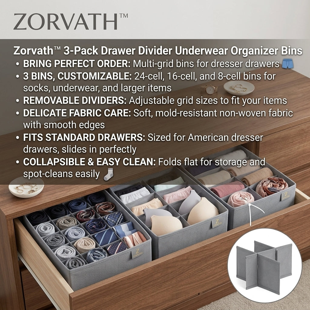 Zorvath™ 3-Pack Drawer Divider Underwear Organizer Bins with Removable Dividers