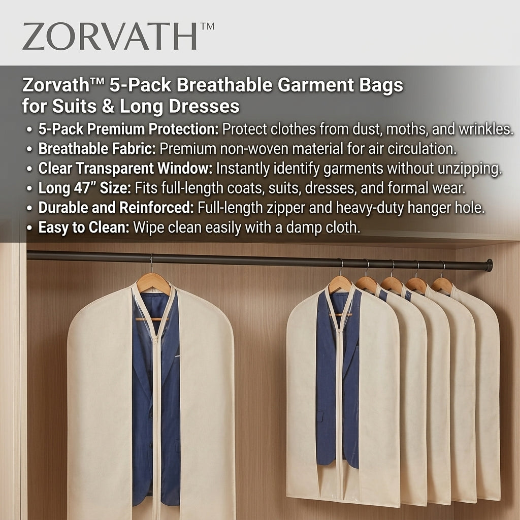 Zorvath™ 5-Pack Breathable Garment Bags with Clear Window for Suits & Long Dresses