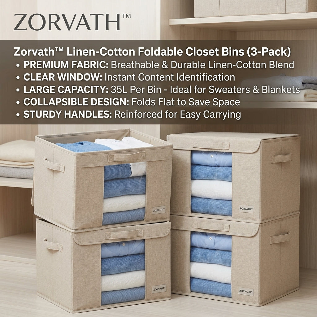 Zorvath™ 3-Pack Linen-Cotton Foldable Closet Storage Bins with Clear View Windows
