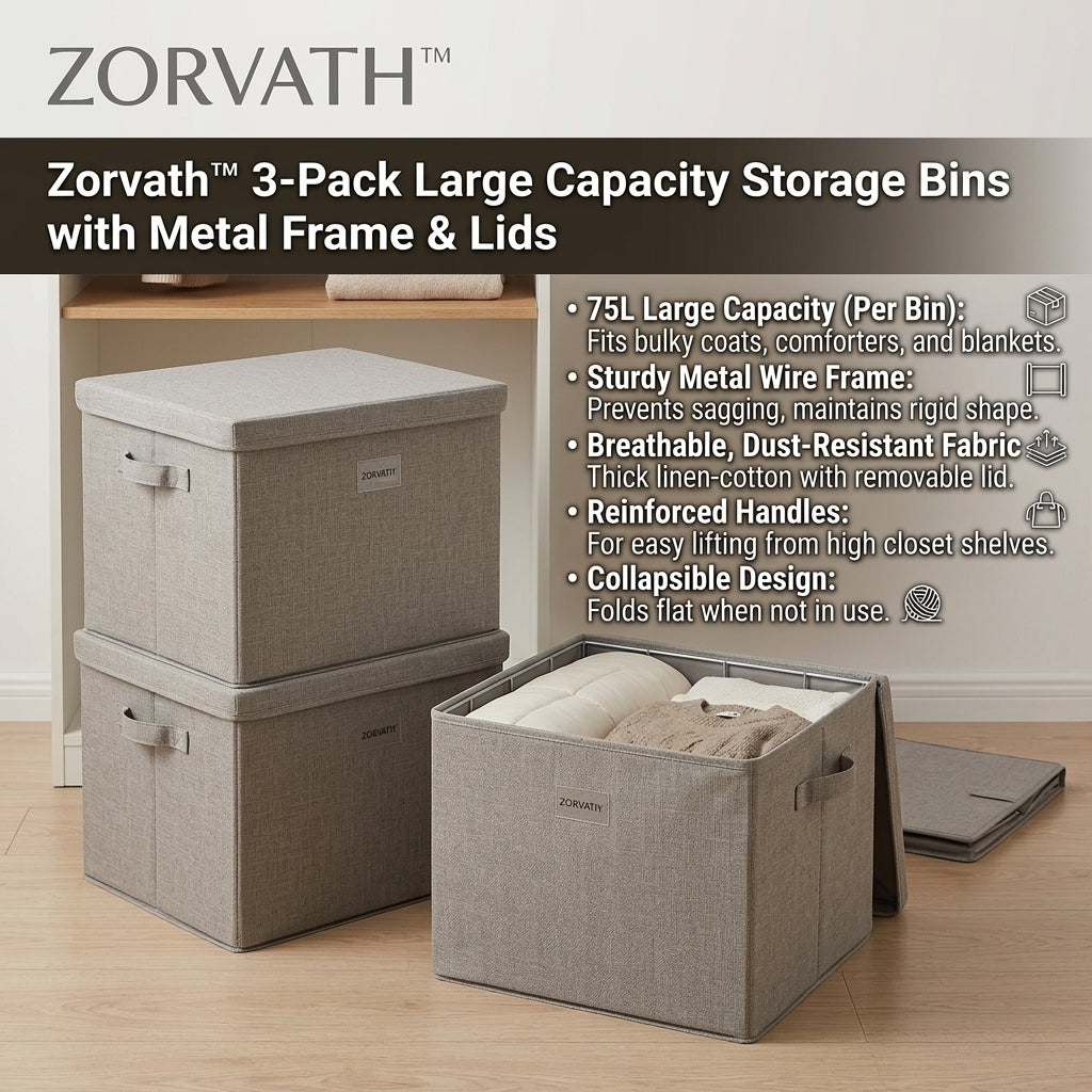 Zorvath™ 3-Pack Large Capacity Storage Bins with Metal Frame & Lids
