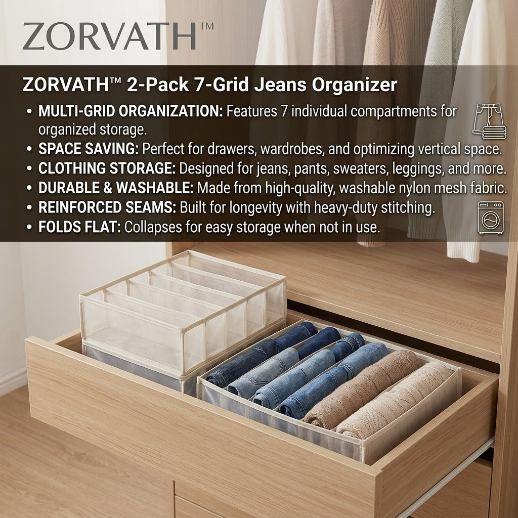 Zorvath™ 2-Pack 7-Grid Jeans Organizer for Drawers, Wardrobe Clothes Compartment Boxes